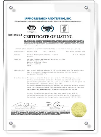 ANSI 61 Certificate of Listing (IAPMO)
